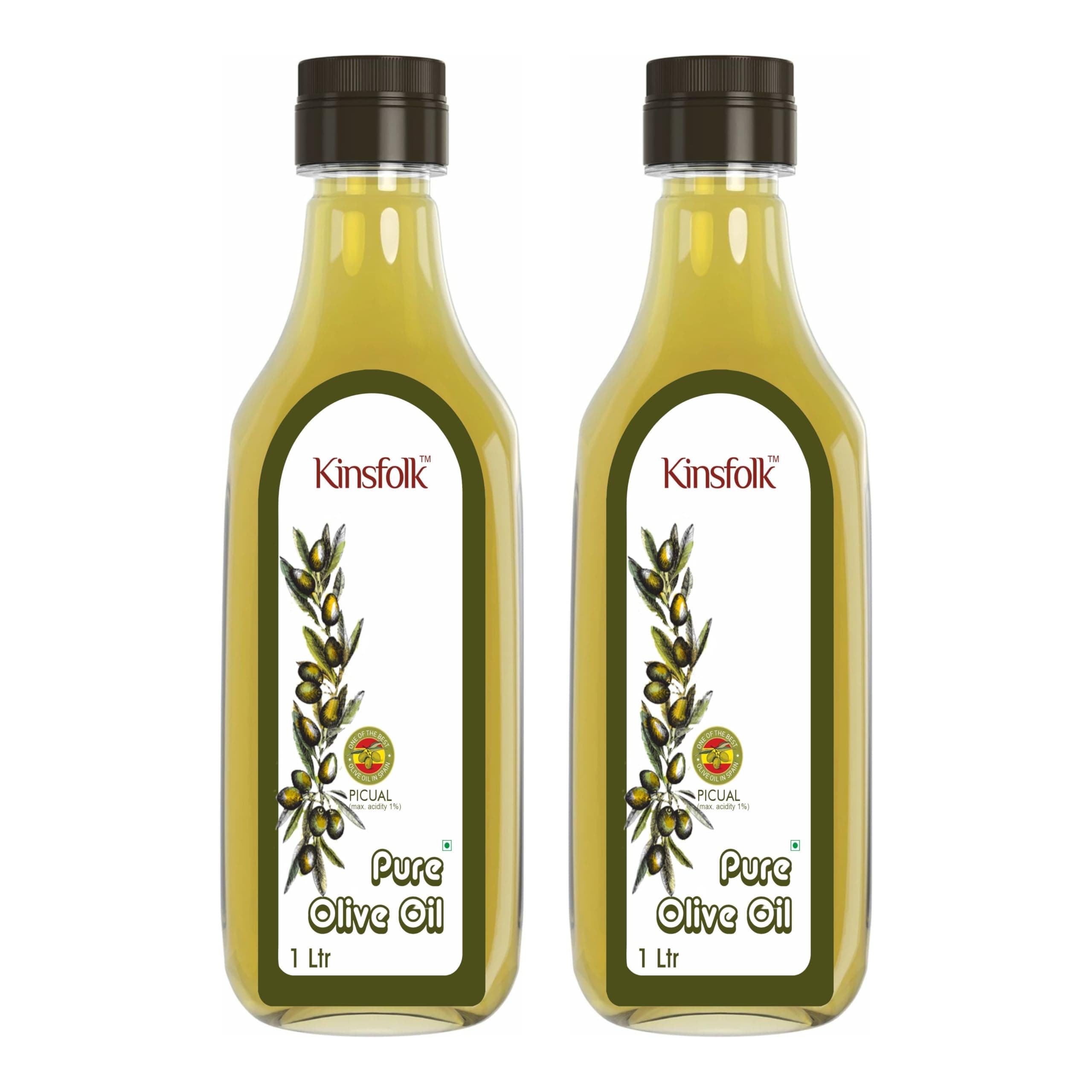 Kinsfolk Pure Olive Oil | Imported From Spain | Suitable For Frying | Sauteing | Dressing | Garnishing | Everyday Cooking | Pack Of 2 | 1 L Each | Total 2 L