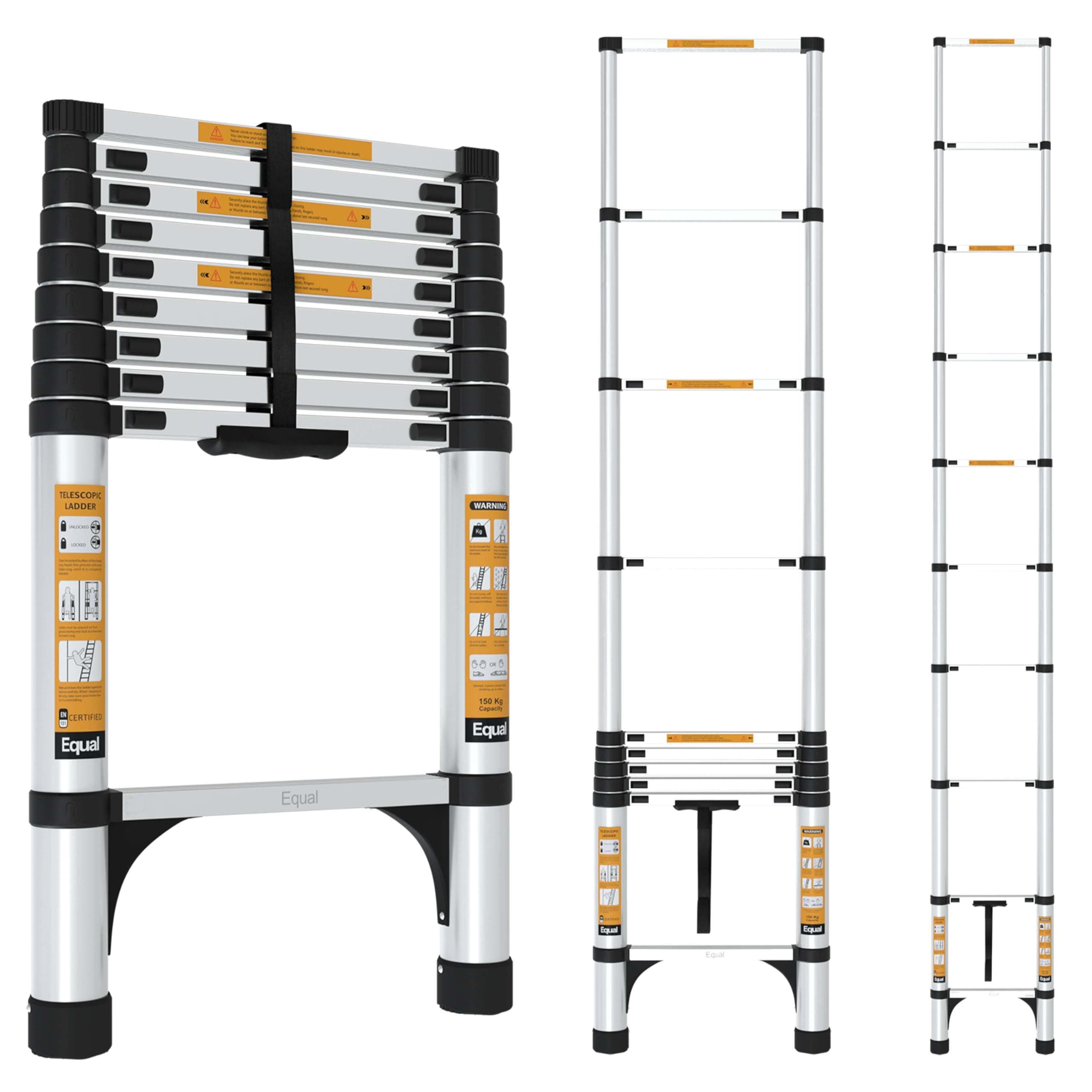 Equal 9.5 FT Portable & Compact Foldable Aluminium Telescopic Ladder | 2 Triangle Stabilizers | EN131 Certified | 2-Year Warranty | Collapsible Ladder for Home & Light Outdoor Use (2.9m / 10 Steps)