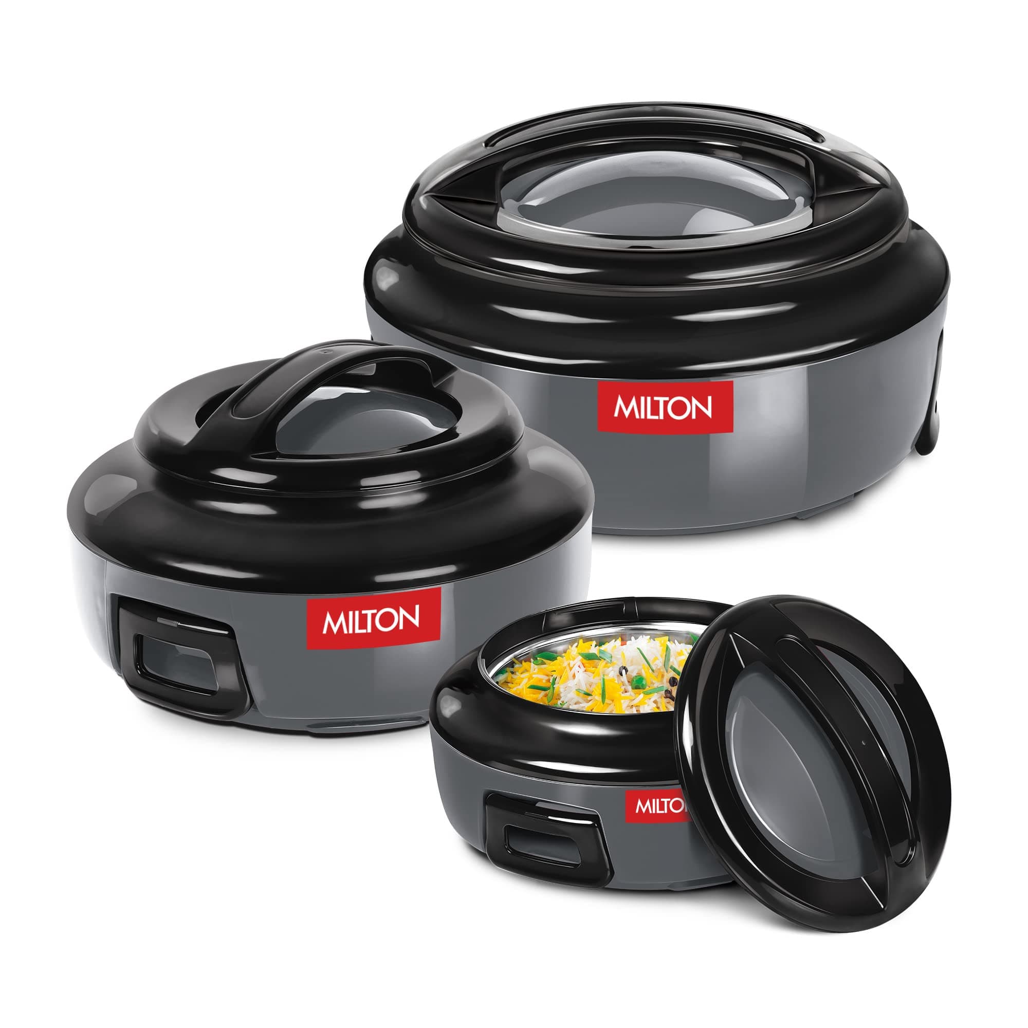 Milton Ernesto Inner Stainless Steel Jr. Casserole Set of 3 (390,720 and 1320 ml), Grey | Easy to Carry | Serving | Stackable