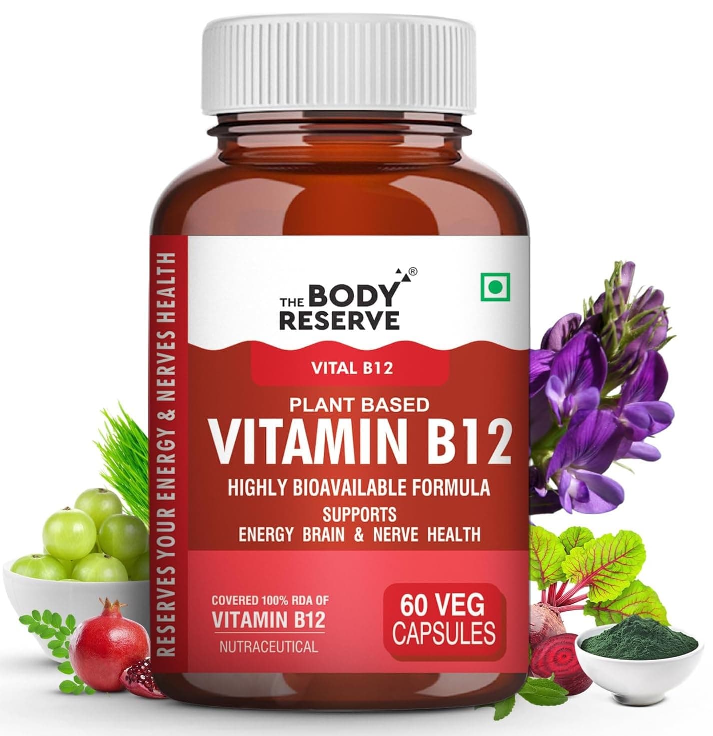 The Body Reserve Plant Based Vitamin B12 Supplement For Men & Women 60 Capsules Organic Vitamin B12 For Nerve And Brain Health Vegan Capsules, Daily One 60 Days Pack