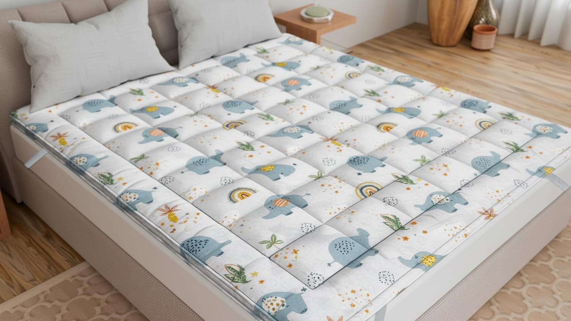 RRC Cotton Super Soft 700 GSM Hollow Fiber Filled Mattress Padding/Topper for Comfortable Sleep, 4 Corner Elastic Band Queen Size 60X78(Inches) Mattress Topper, Cyan