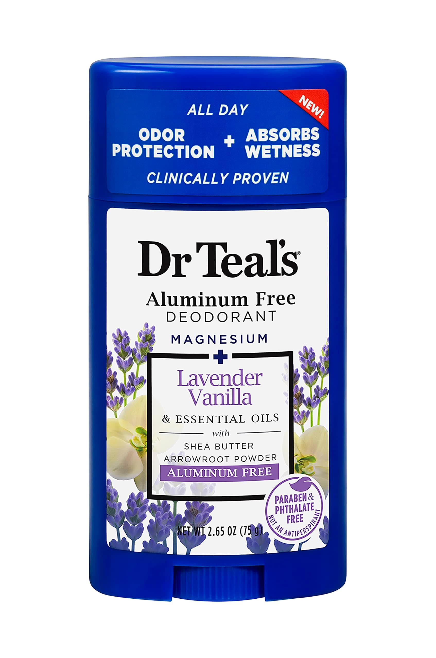 Dr Teal's Aluminum Free Deodorant Stick For Unisex Magnesium + Lavender Vanilla & Essential Oils, 75g | Paraben & Phthalate Free Roll On for Odour Protection & Absorbs Wetness | Pack of 1