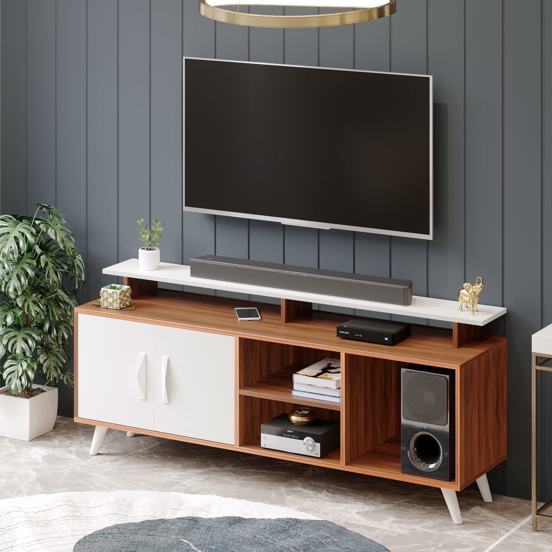 BLUEWUD Skiddo Engineered Wood TV Entertainment Unit Set Top Box Stand/TV Cabinet Panel with Shelves for Books & Décor Display Unit Bed Living Room Upto 55 Inches - DIY (Walnut & White)