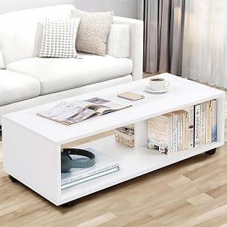 ABOUT SPACE Coffee Table - Center Table for Living Room with Wheels, Engineered Wood Rectangle Tea Table with Storage, Teapoy for Hall Lounge Office - White (L 80 x B 40 x H 41.5 cm)