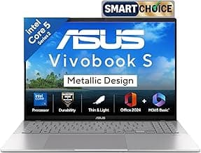 ASUS Vivobook S16,14th Gen, Intel Core 5-210H,Metallic Design Laptop(Intel UHD iGPU/16GB RAM/512GB SSD/FHD+/16"/144Hz/Windows 11/M365 Basic(1Year)*/Office Home 2024/Silver/1.7Kg) S3607VA-RP114WS