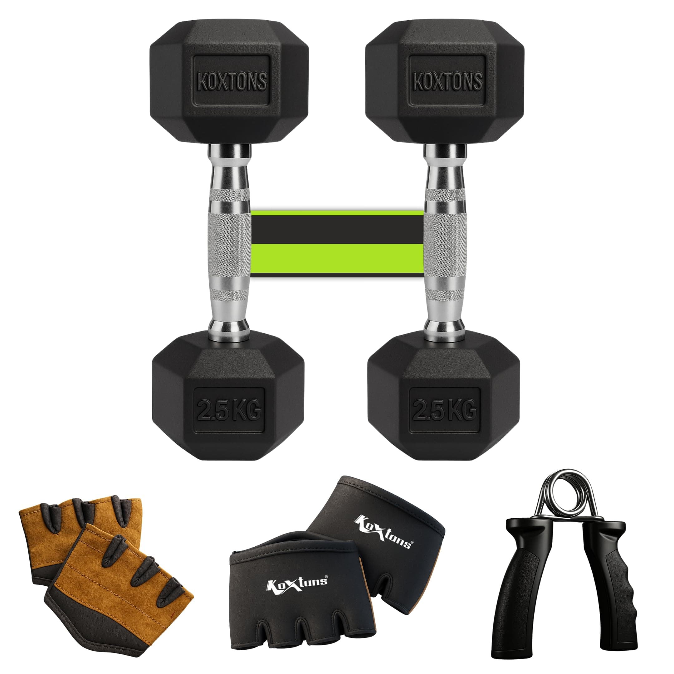 Koxtons Dumbbell Set 2.5kg | Dumbbell with gym gloves and hand gripper, 5kg Pair (2.5kg x 2pcs) | Rubber Coated Hex Dumbells for Home Gym | Gym Equipment for Home Workout, Strength Training