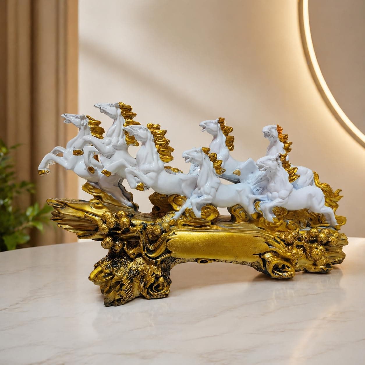 Pihutique Seven Running Horses Showpiece, Polyresin Vastu Decorative Figurine for Home Decor, Office Table, Living Room, Gifting, White and Golden, 11 x 5 x 7 inch Gifting Showpiece