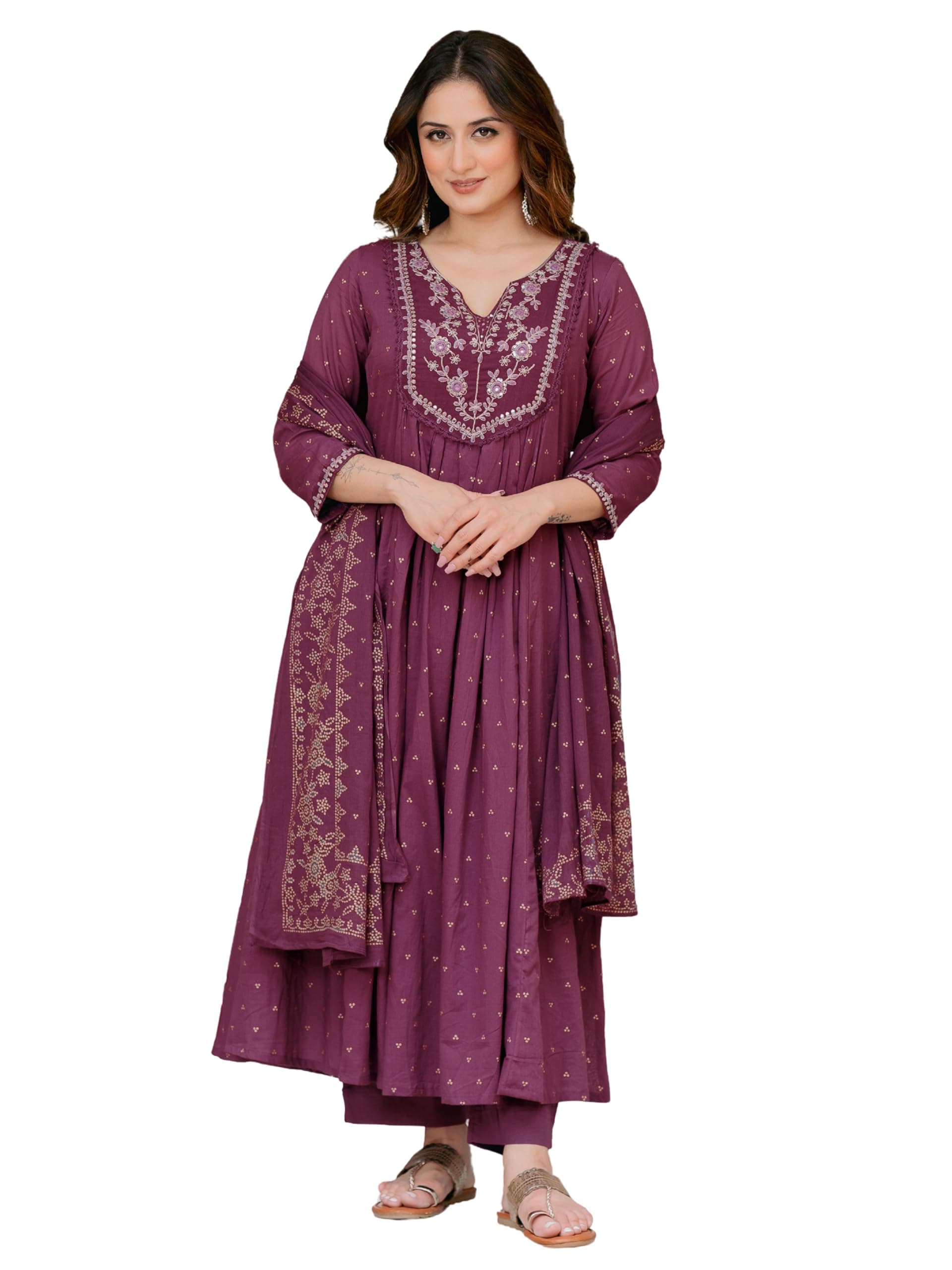 Arayna Women’s 100% Pure Cotton Anarkali Kurta Set with Pant & Dupatta | Embroidered Flared Kurta | Elegant Ethnic Suit