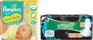 Pampers Active Baby Diapers, New Born, Extra Small, (NB, XS) size, 24 Count, Taped style diaper & Whisper Bindazzz Night Sanitary Pads For Women, XXX-Large Pack of 10 Napkins