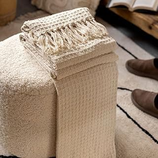 Tarantaran 100% Cotton Throw 50 X 60 Inches Decorative Living Room Couch and Sofa Knitted Blanket with Tassels Chevron, (127 X 152 Cm), 200 TC (Beige)