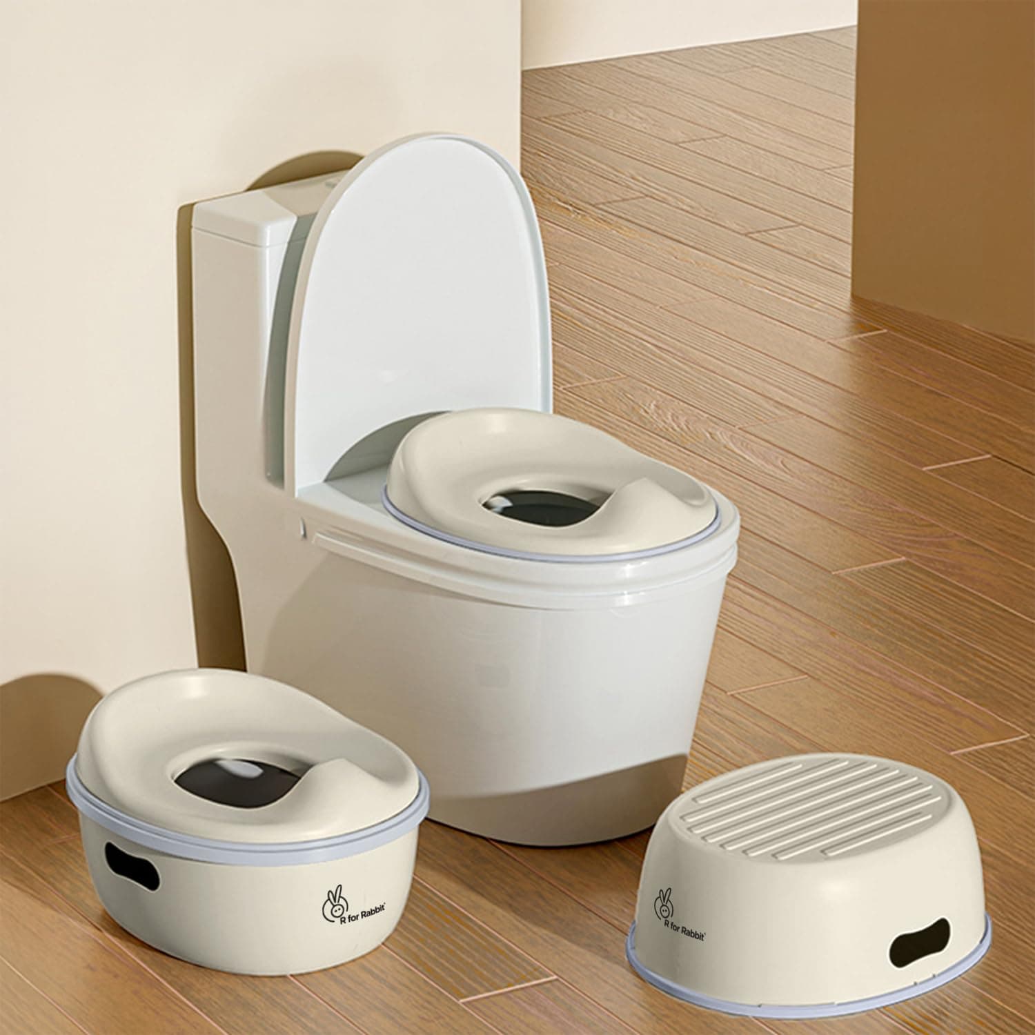 R for Rabbit Tiny Tots Mellow Potty Seat Multipurpose 3 in 1 Convertible Potty Training Removable Bowl Anti-Slip Pads Detachable & Hangable Seat for Kids Weight Up to 20 Kg 1-5 Year (White Grey)