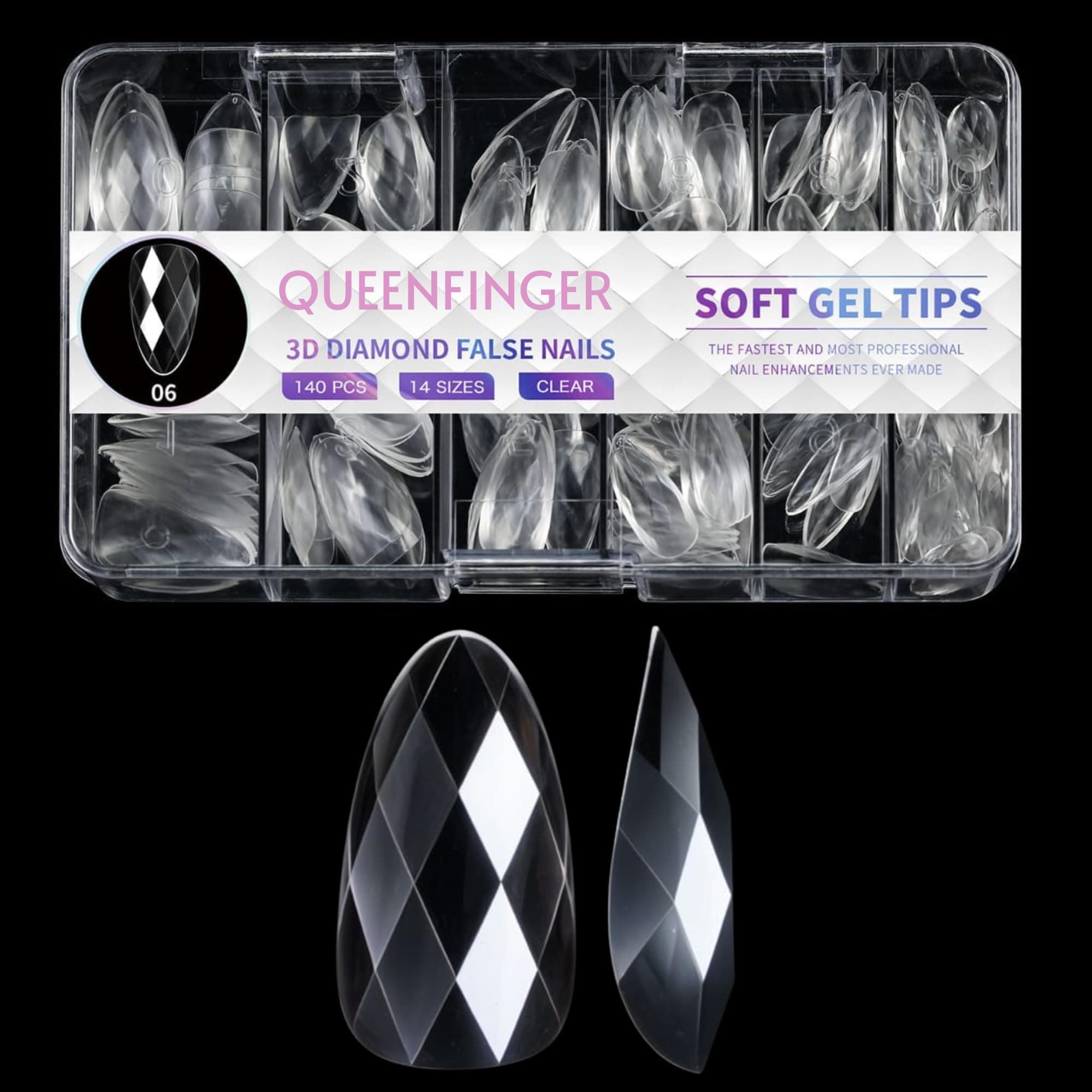 QUEENFINGER Soft Gel Nail Tips, 120pcs 3D Diamond-Shaped Fake Nails Extension, 12 Sizes Full Cover Clear Press-On Tip, Natural Rhombus Lattice (Clear Diamond, 06)