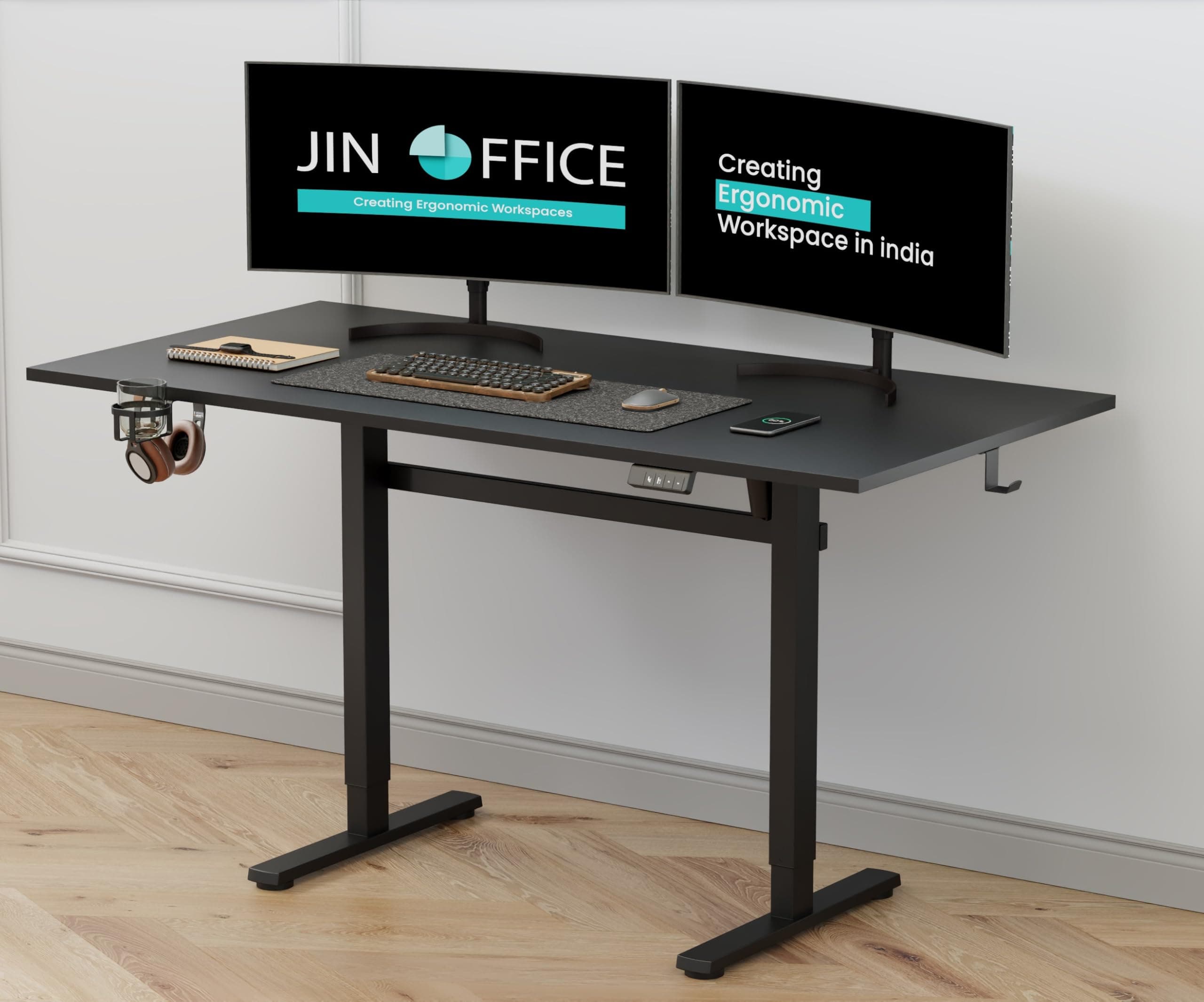 JIN OFFICE Octave Height Adjustable Table Electric | Sit Stand Desk, 2 Year Warranty, 80 Kg Wt. Cap| Standing Desk with Memory Preset, Cup Holder| Stability Crossbar| Black 1500*750mm/25mm Thick Top