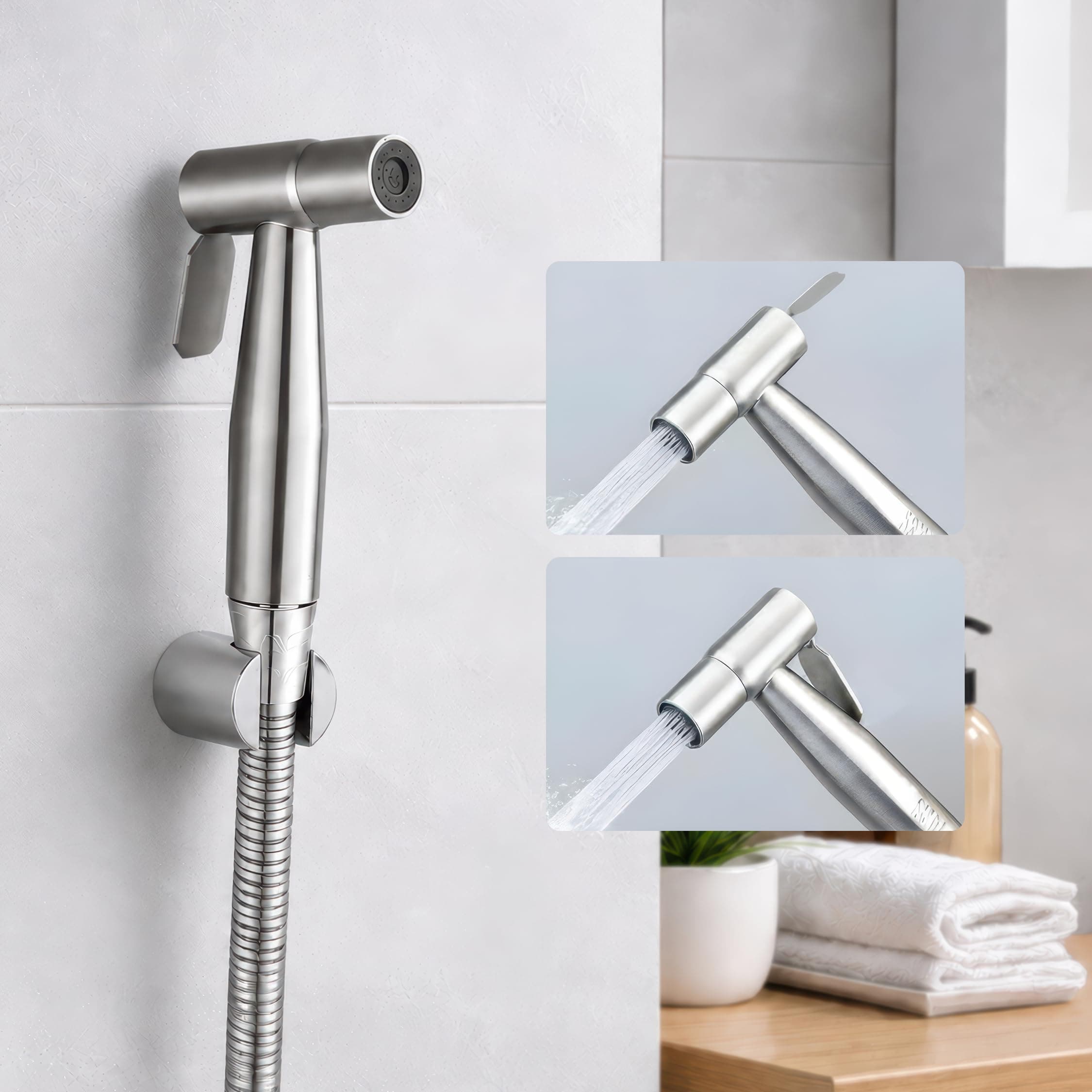 Amazon Basics Premium SS 304 Stainless Steel Health Faucet Set Chrome Finish | Jet Spray Gun with Hose Pipe and Holder for Toilet | Bathroom Bidet Sprayer Kit