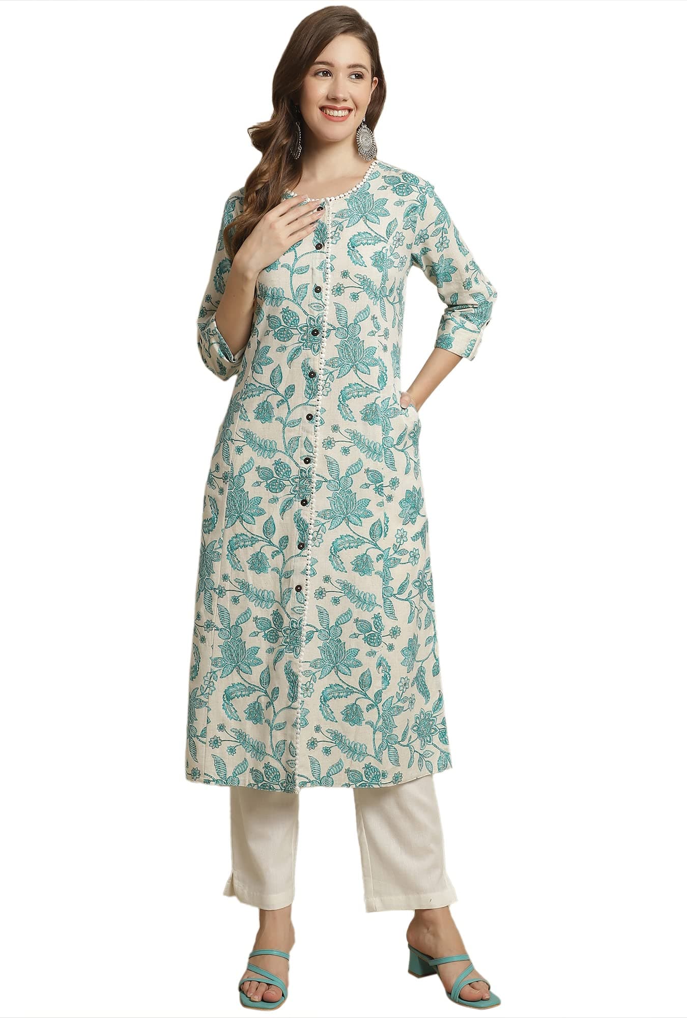 Pistaa's Women's Cotton Relaxed Fit A Line Floral Print A-Line Kurta