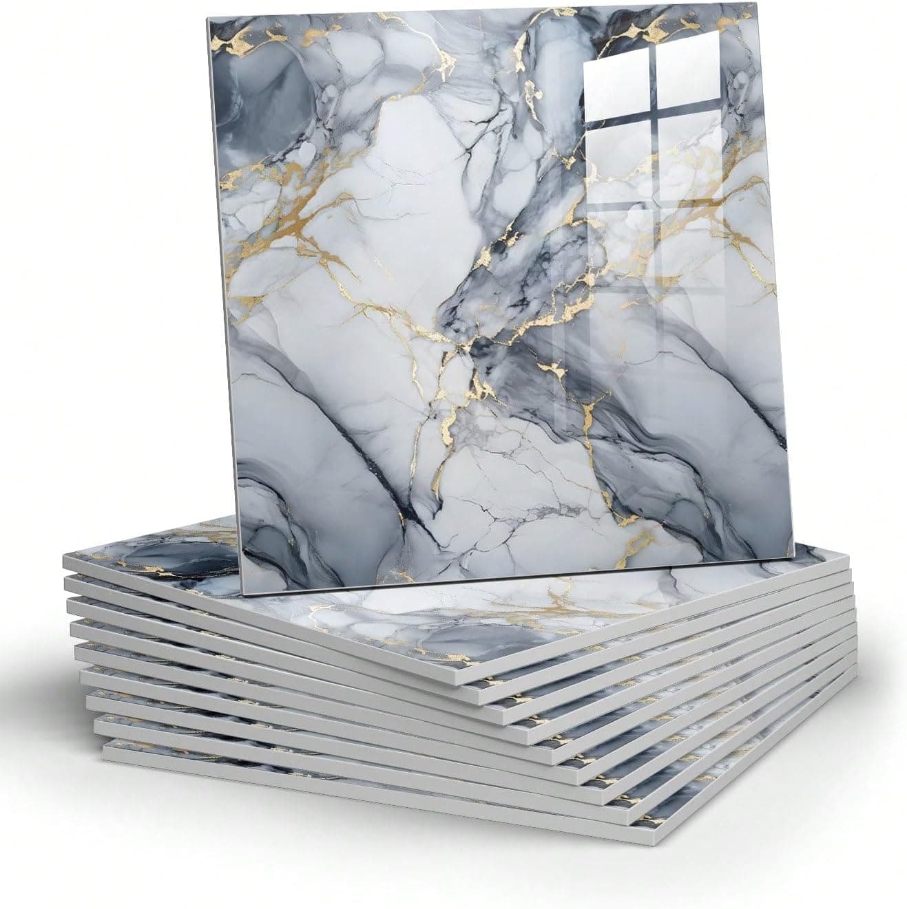OCEANSKY Blue & Gold Abstract Marble UV Panels, 60cm x 60cm, Pack of 16 | Self Adhesive, Wall Tile, Look Wall Panels for Homes, Wallpaper