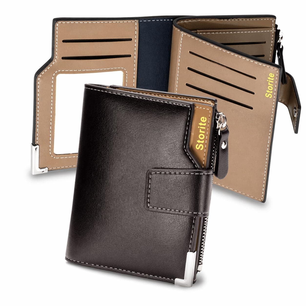 Storite 13 Slots PU Leather Card Holder Wallet for Men, Dark Brown | Bifold Purse with ID Window, Multiple Card Slots, Zipper Pocket for Coins, Slim Compact | For Travel ,Daily Use , Office