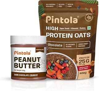 Pintola Fitness Combo Chocolate Crunchy Peanut Butter 350 Grams, Gluten Free, Zero Cholesterol & Trans Fat, Vit E & B3 & 22 Grams High Protein Dark Chocolate Oats 400 Grams, No Refined Sugar