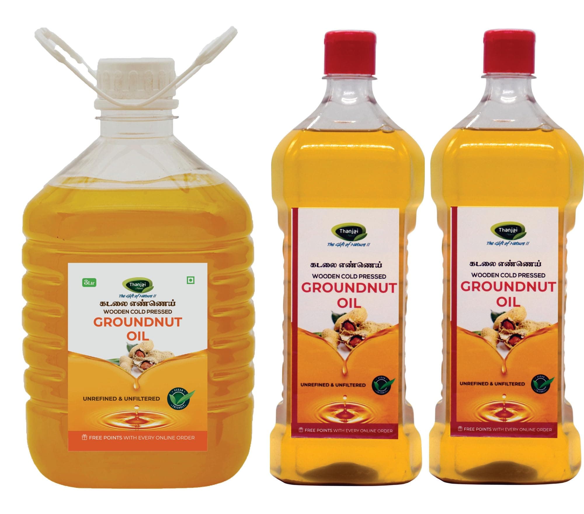 Thanjai Natural Groundnut Oil 5Lts (3Ltrs Cane + 1 Ltrs X 2) Virgin Unrefined Wooden Cold Pressed Groundnut Oil/Natural Peanut Oil for Cooking- Heart Health + Cholesterol Free + No Preservatives