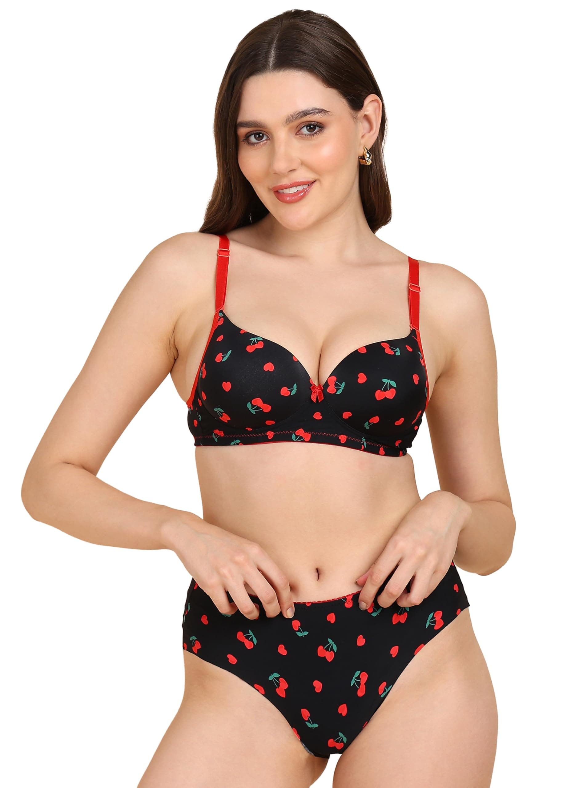 Tweens Women's Heavily Padded 3/4 Coverage Printed Bra and Panty Set -Wireless- Multiway Strap- Soft Polyamide Fabric- Seamless Panty- Available in B & C Cup Sizes