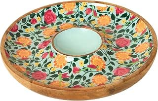 Chumbak Rani Bagh Wooden Chip & Dip Platter, 12" Blue Palace Memoirs Collection, Wooden Serving Platter for Snacks & Dining, Handcrafted Festive Gift & Home Décor