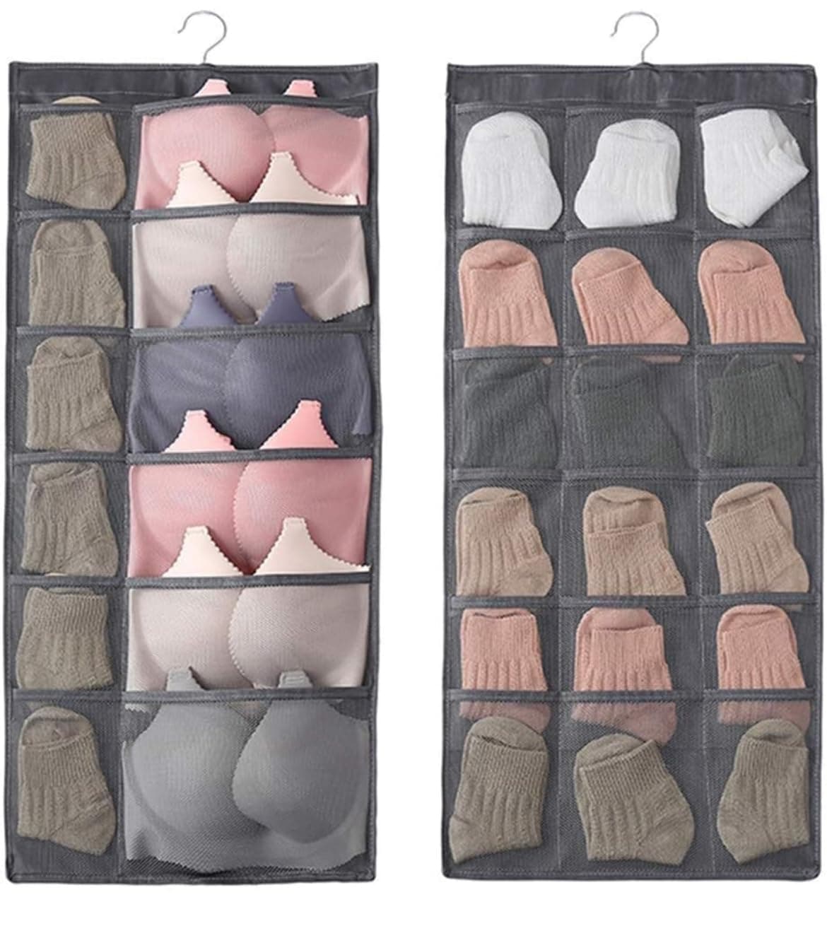 Rishabh Overseas Closet Hanging Organizer with Mesh Pockets & Rotating Metal Hanger, Dual Sided Wall Shelf Wardrobe Storage Bags, Cloth Space Saver Bag for Bra Underwear Socks (30 Pocket) (Grey)
