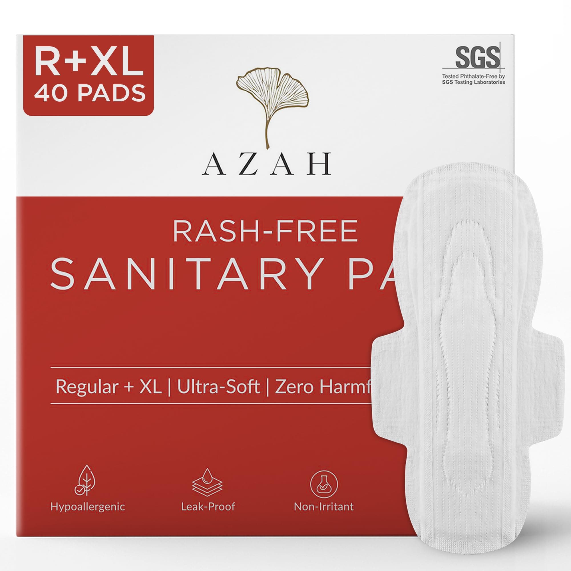 AZAH Sanitary Pads for Women (20 Reg + 20 XL) [Pack of 40] 100% Rash-Free sanitary napkins | 3x More Absorption, Cottony Soft and Dry Top Cover for heavy Flow | Toxin Free, Locks Odour, Leak-Proof