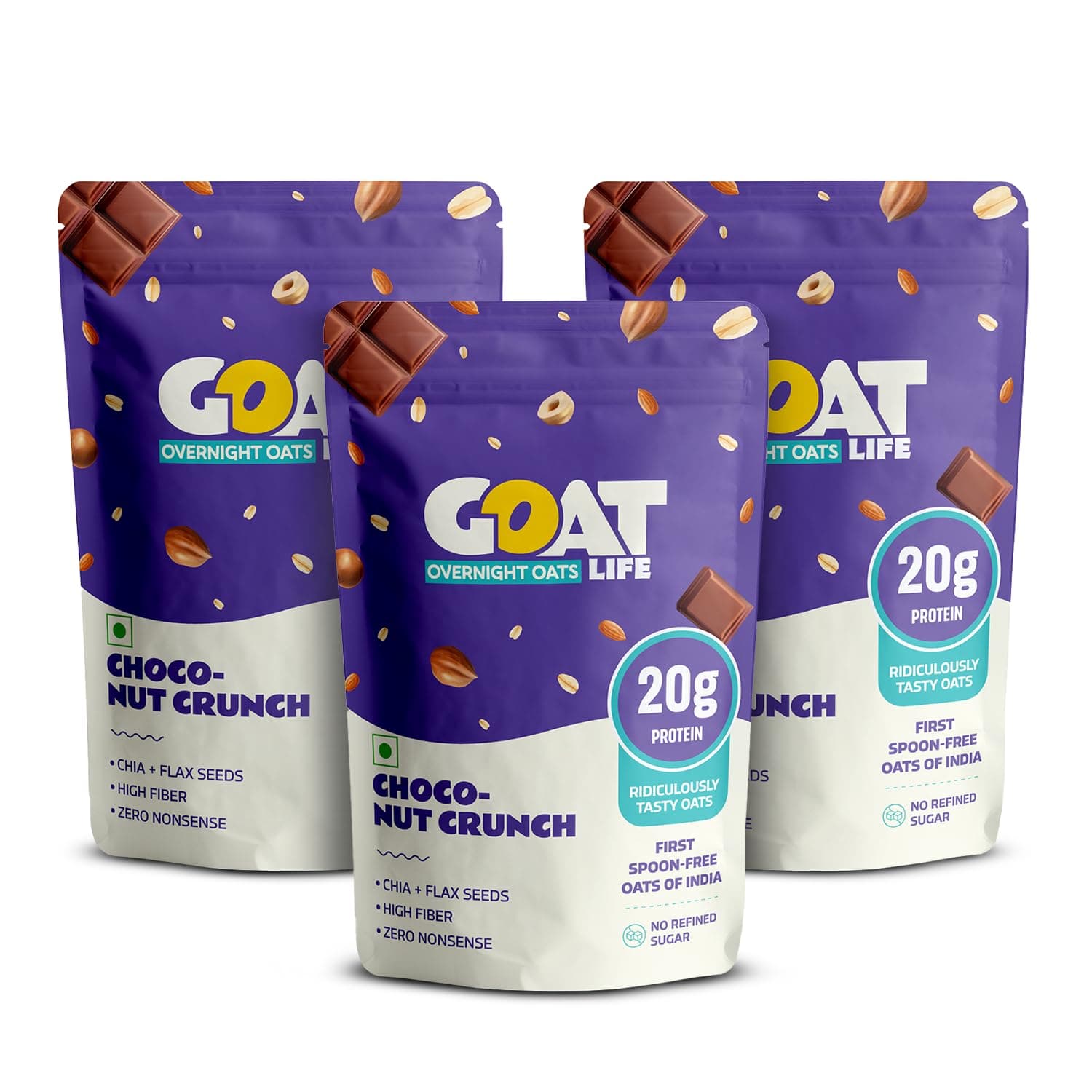 GOAT Life High Protein Overnight Oats Choco Nut Crunch Pack of 3 20g Protein Oats | High Fibre | Nutrient-Rich | No Sugar - 225g