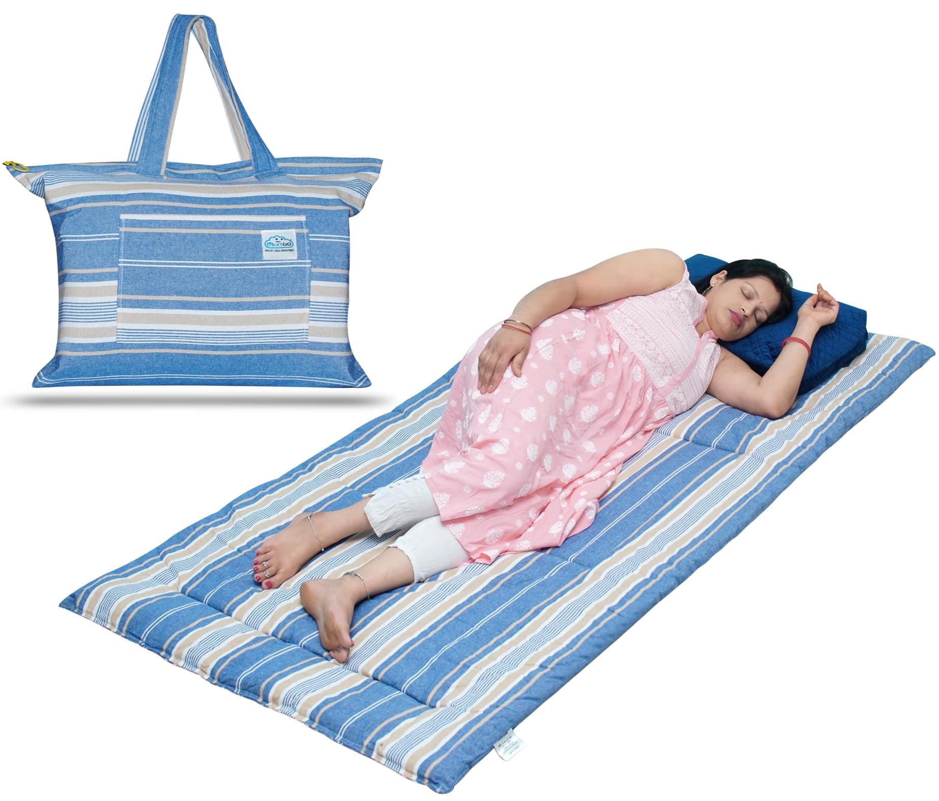 NEXTGO Multi Purpose Foldable Mattress with Carry Bag | Portable & Lightweight Gadda | Suitable for Outdoor Travel Camping, Yoga, Meditaion Mat (Blue White Lining, Single: 30x78 Inch Or 2.5x6.5 Feet)