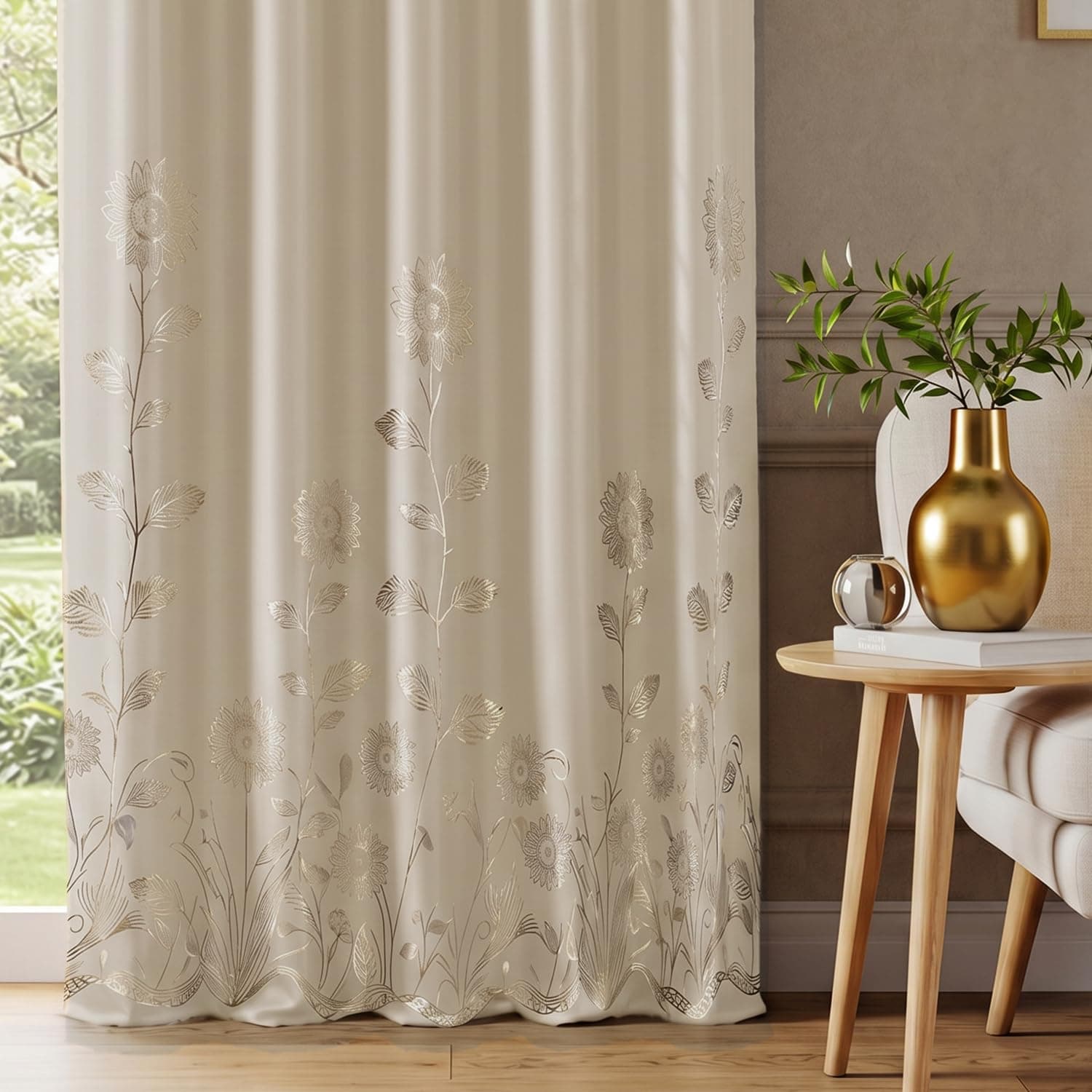 Urban Space 100% True Blackout Curtains for Window, Gold Foil Printed Blackout Curtains, Blackout Decorative Window Curtain Eyelet with Tieback, 1 Piece Curtain for Living Room (Reva Beige, 5 Feet)