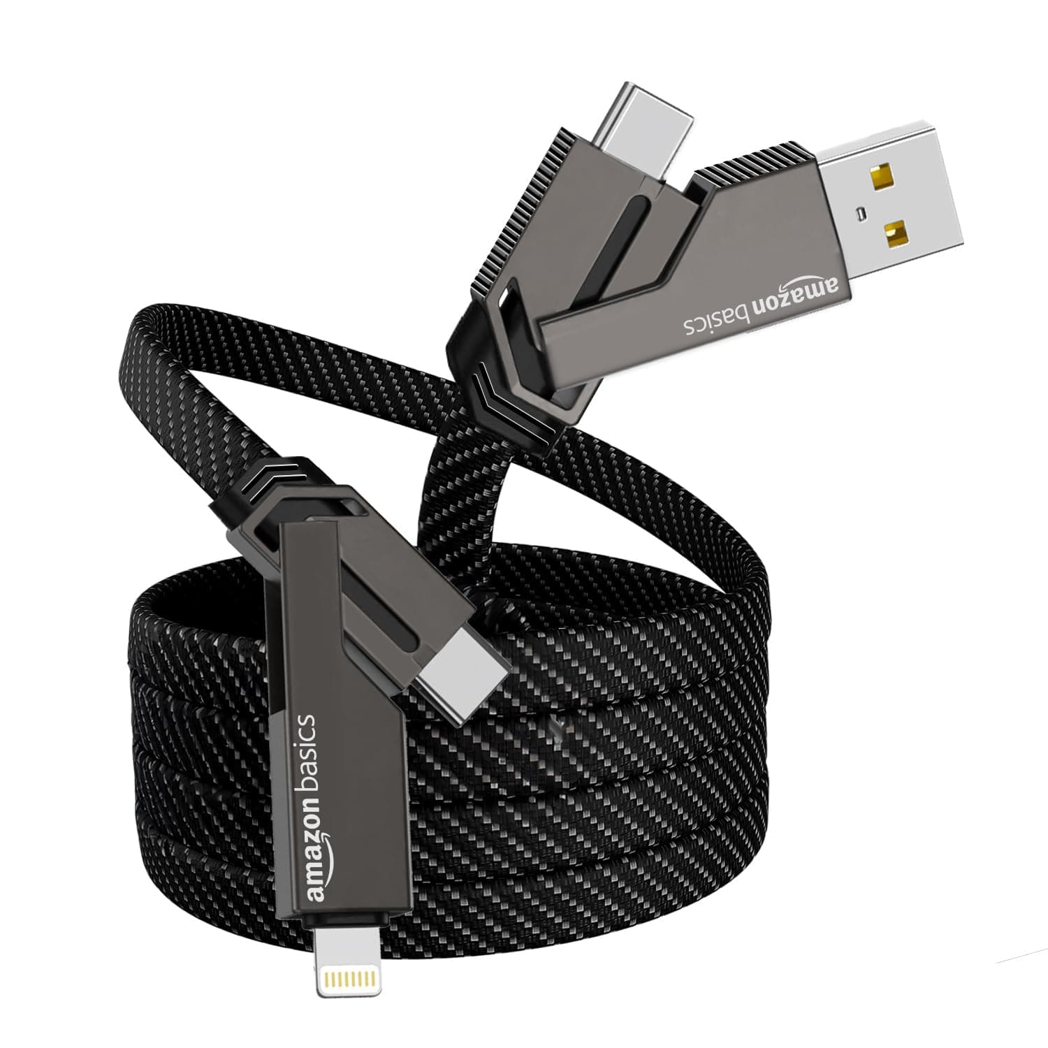 Amazon Basics 4 in 1 Metal Flat Braided Indestructible Cable 104cm 60W with lightning to type C, type C to C, Lighting to type A compatible for iPhones, iPads, Macbooks, Type C Laptops (Grey)