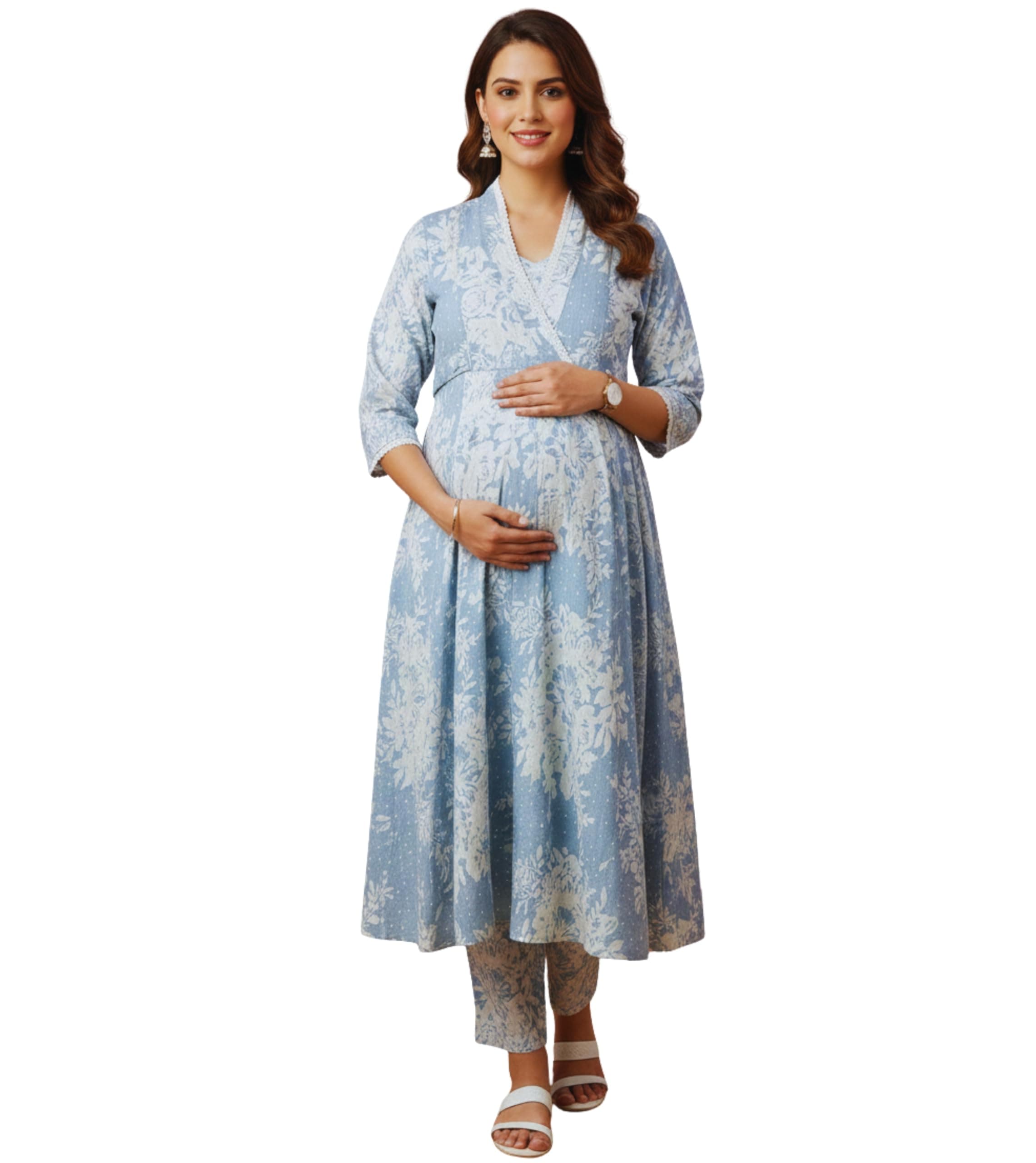 DUMMY SHAPE Maternity Dresses for Women Cotton Blend | Floral Kurta Pant Dupatta Set with Nursing Zippers to Pre & Post Partum | Feeding Kurtis | Mom to Be Gifts for Pregnant Woman
