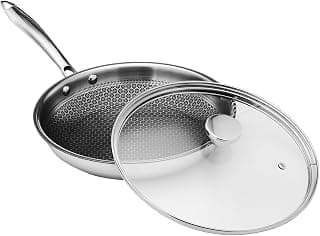 Amazon Basics Non-Stick Honeycomb Triply Stainless Steel Frying Pan with Glass Lid, 24 cm - 1.7L, Fast & Even Heating, Induction & Gas Compatible