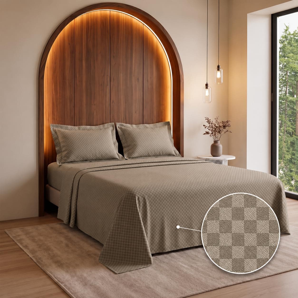 LANE LINEN 400TC King Size Bedsheet with 2 Pillow Cases|100% Cotton Ultrasoft Micro Check 3pc Bedding Set-2.74 M x 2.74 M|Breathable & Wrinkle-Free|Sustainable & Eco Bedding Set- Taupe