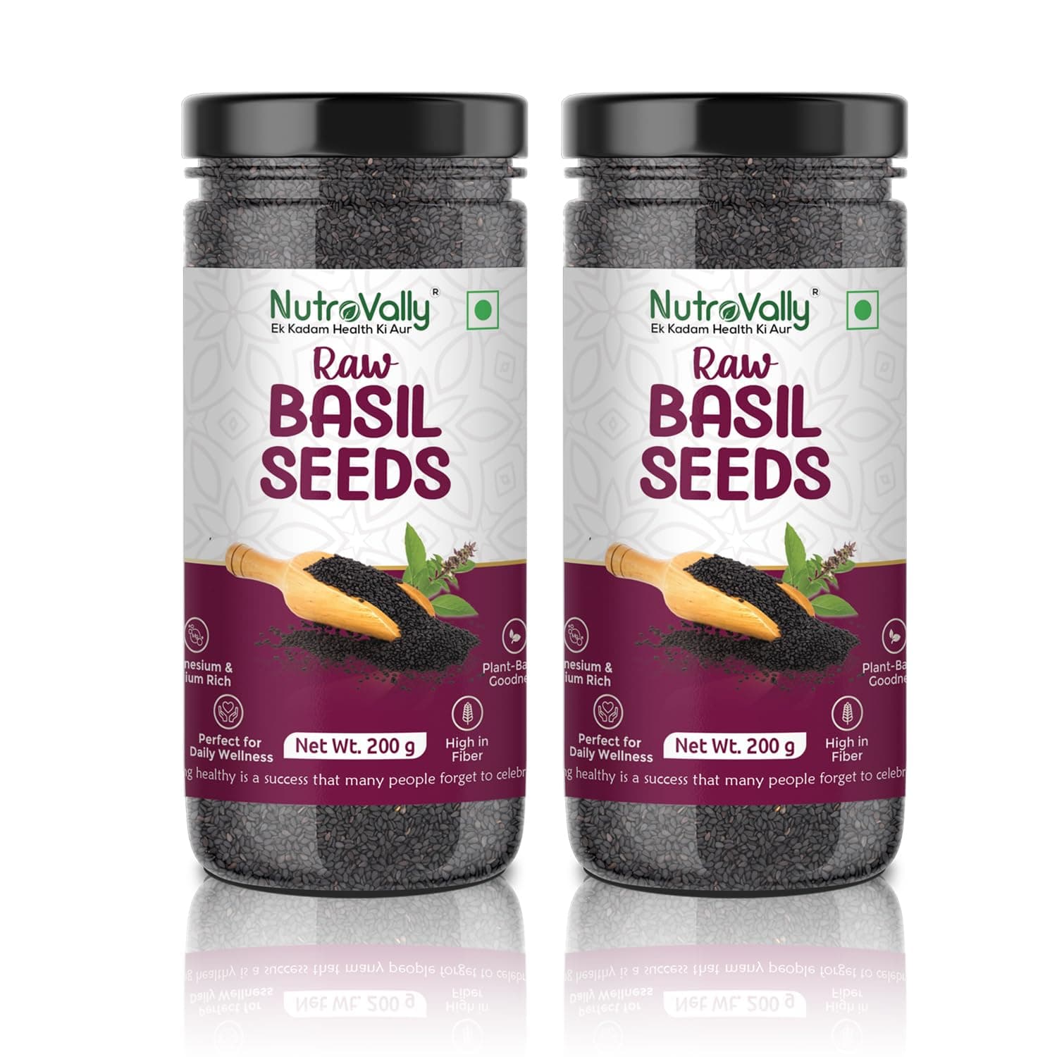 NutroVally Basil Seeds Pack of 2 – 200g Each Jar | High in Fiber, Plant-Based Protein & Essential Nutrients | Supports Digestion, Hydration, Satiety | Vegan, Gluten-Free Superfood for Healthy Recipes