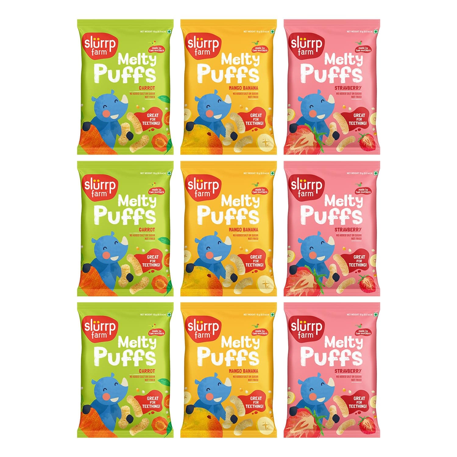 Slurrp Farm No Salt No Sugar Teething Puffs | Baked Fruit and Vegetable Millet Puffs | Carrot, Strawberry & Banana, Mango | Pack of 9