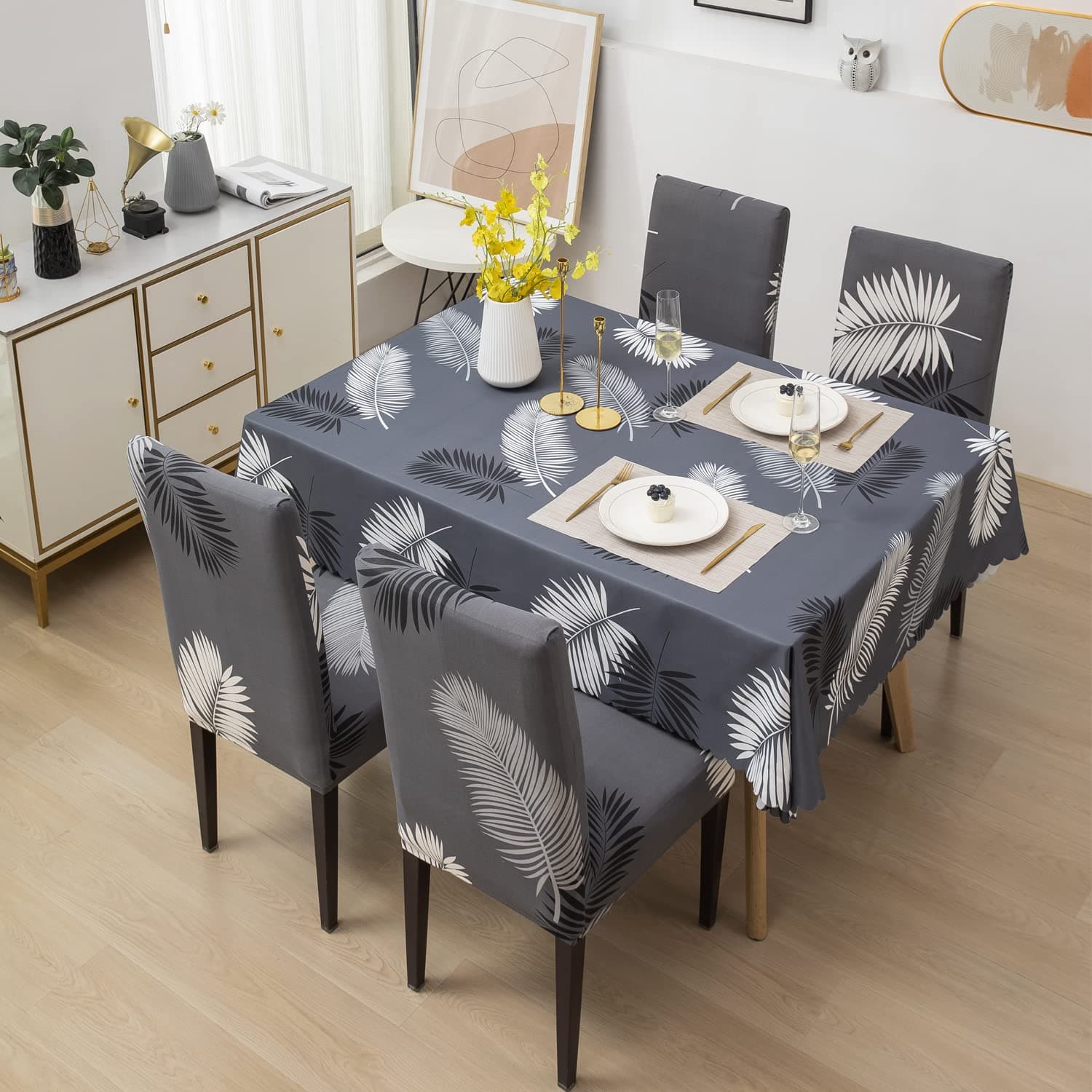 House of Quirk Dining Chair Cover with Table Covers for Kitchen Waterproof Dining Table Cloth (Dark Grey Fern, 1 Table Cover + 4 Chair Cover) PVC,Rectangular