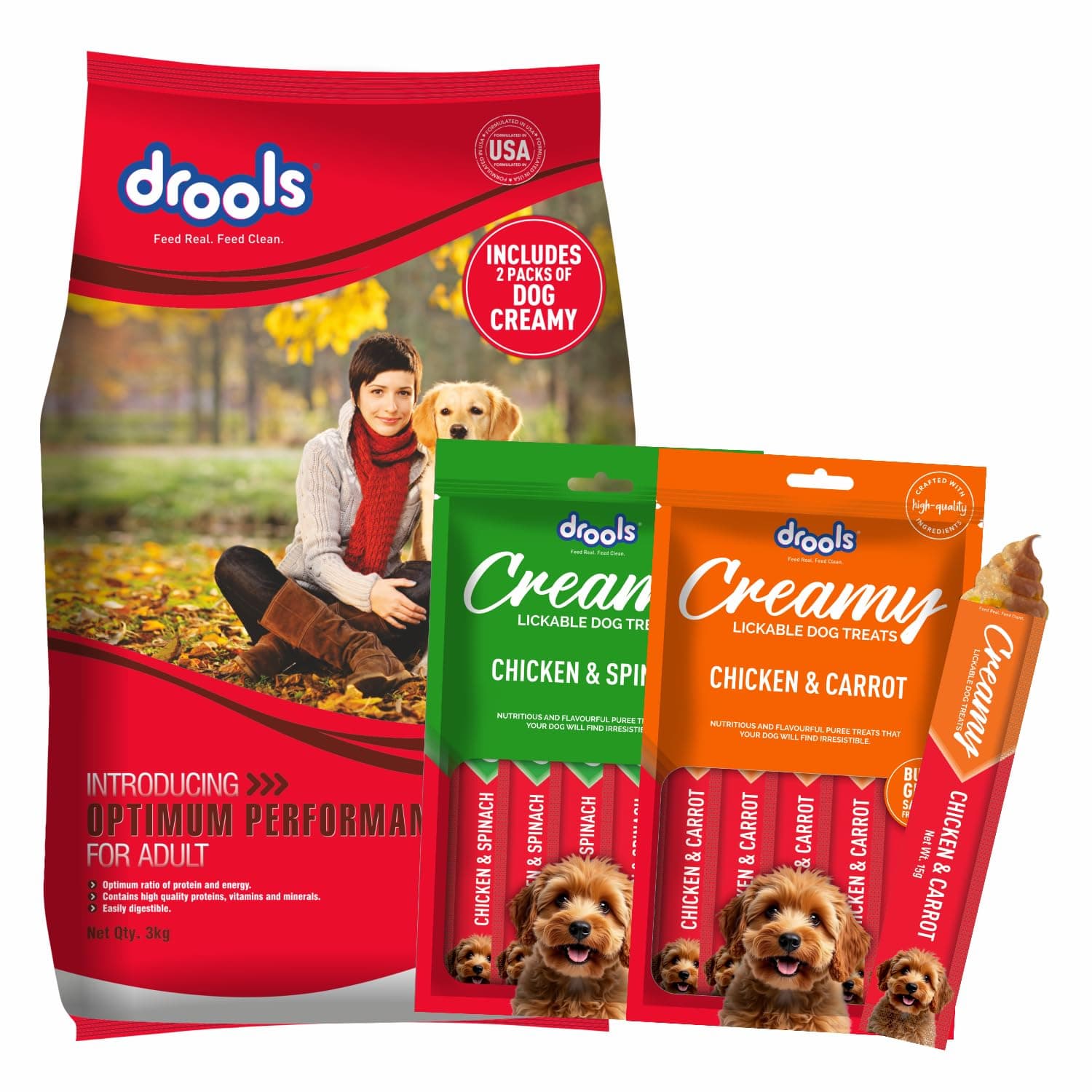 Drools Adult Optimum Performance Dry Dog Food 3kg + 2 Creamy Dog Treats Free (75g) | Chicken Flavour | Growth Support | Lustrous Coat | Immune Support