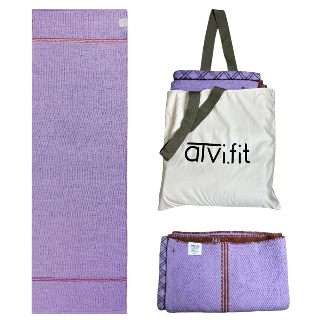 Atvi.fit Pure cotton anti-skid, machine wash Foldable Travel Friendly extra Cushioning yoga mat with cotton Carry bag 73inches x 24inches, 8mm thickness 8mm Unisex (Purple)