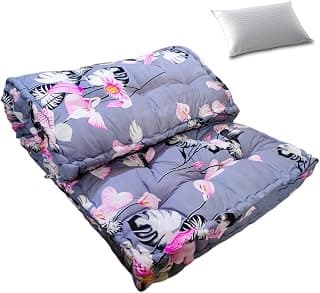 Deevine Craft Soft Thick 5-Inch Cotton Box Quilt and Pillow - Medium Firm, Single Bed Mattress, Grey Floral Design, 72x30 Inches
