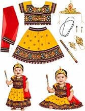 Radha Dress For Kids Baby Girl's Cotton Readymade Radha Dress Lehenga Choli with Dupatta Set of 3 Costume And Accessories Girls Chania Choli Set/Traditional Garba Dandiya Dance Costume Set (12 Months)
