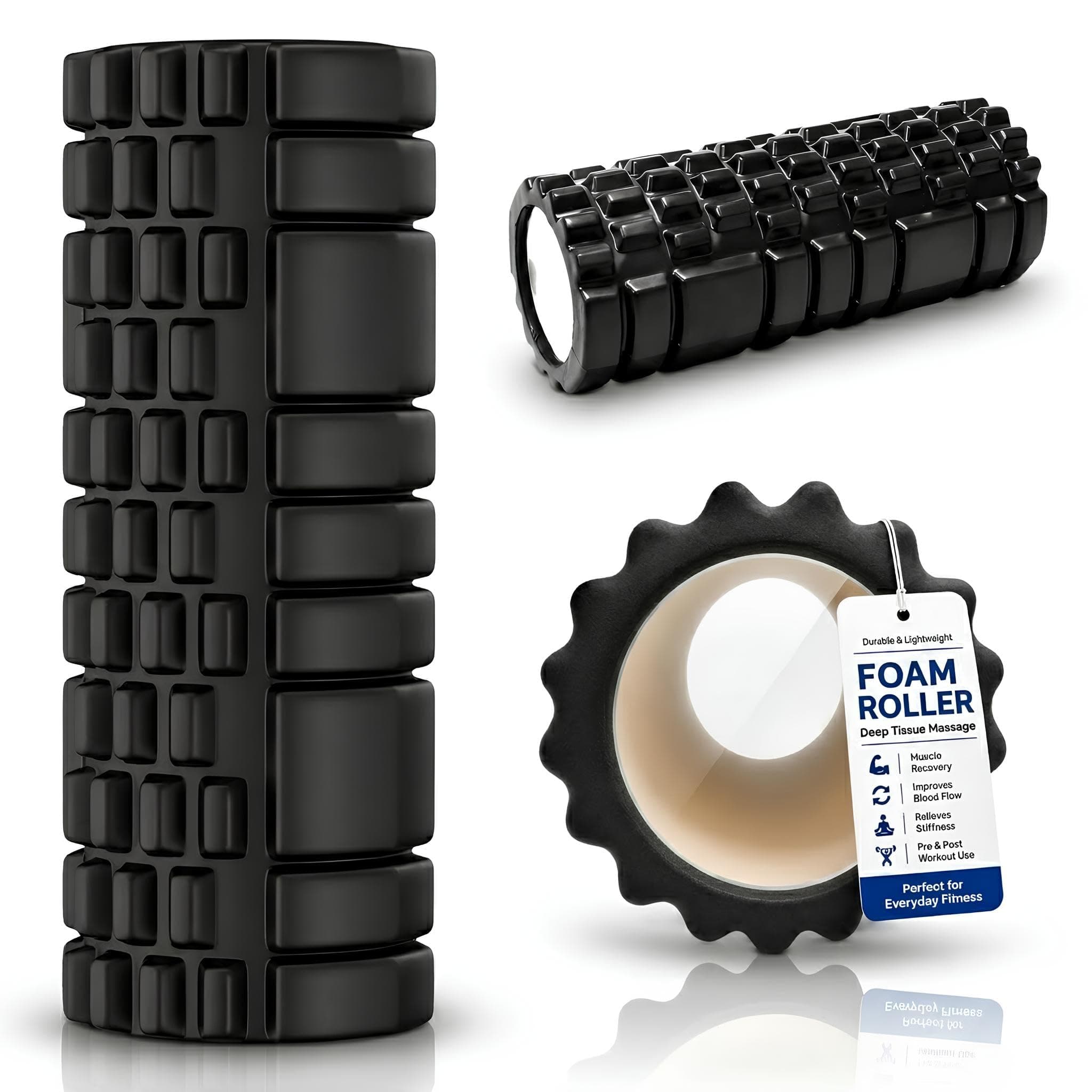 PulGos Black 𝐇𝐢𝐠𝐡 𝐃𝐞𝐧𝐬𝐢𝐭𝐲 Foam Roller for Exercise, Deep Tissue Massage Roller for 𝐑𝐞𝐜𝐨𝐯𝐞𝐫𝐲 & 𝐁𝐚𝐜𝐤 𝐏𝐚𝐢𝐧 𝐑𝐞𝐥𝐢𝐞𝐟 | Muscle Roller for Trigger Point,Yoga, Stretching &Gym