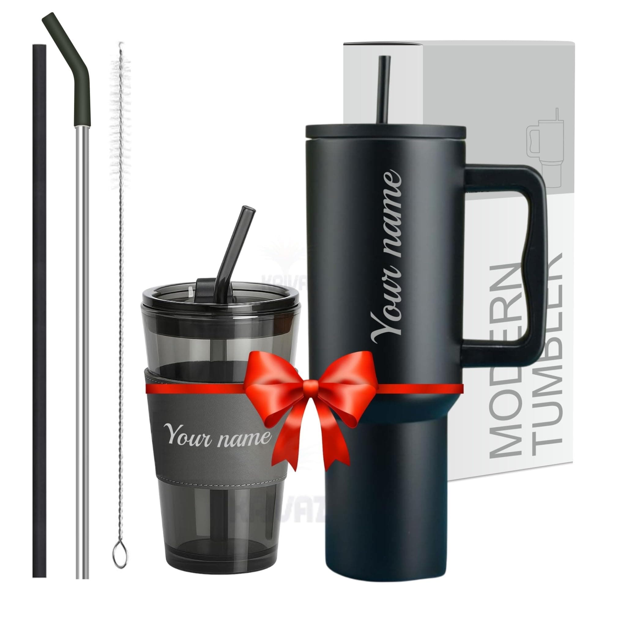 KRIVAZ Stainless Steel Tumbler with Lid & Straw, 100% Leakproof Tumblers with Handle, Drink Sipper for Office,Gym & Outdoors 1200ml Tumbler (Black + Black Mugs)