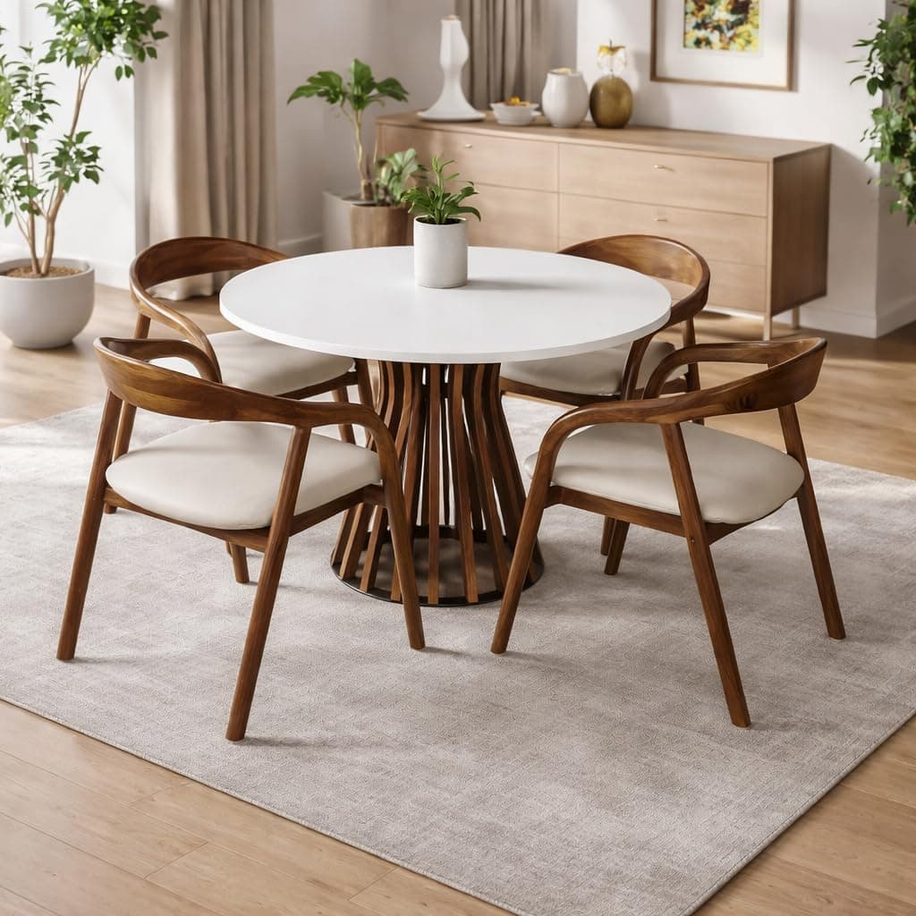 Suryavanshi 4-Seater Round Dining Table Set, White Quartz Marble Top Dining Table with Solid Wood Base, Contemporary Dining Room Table Set with Chairs