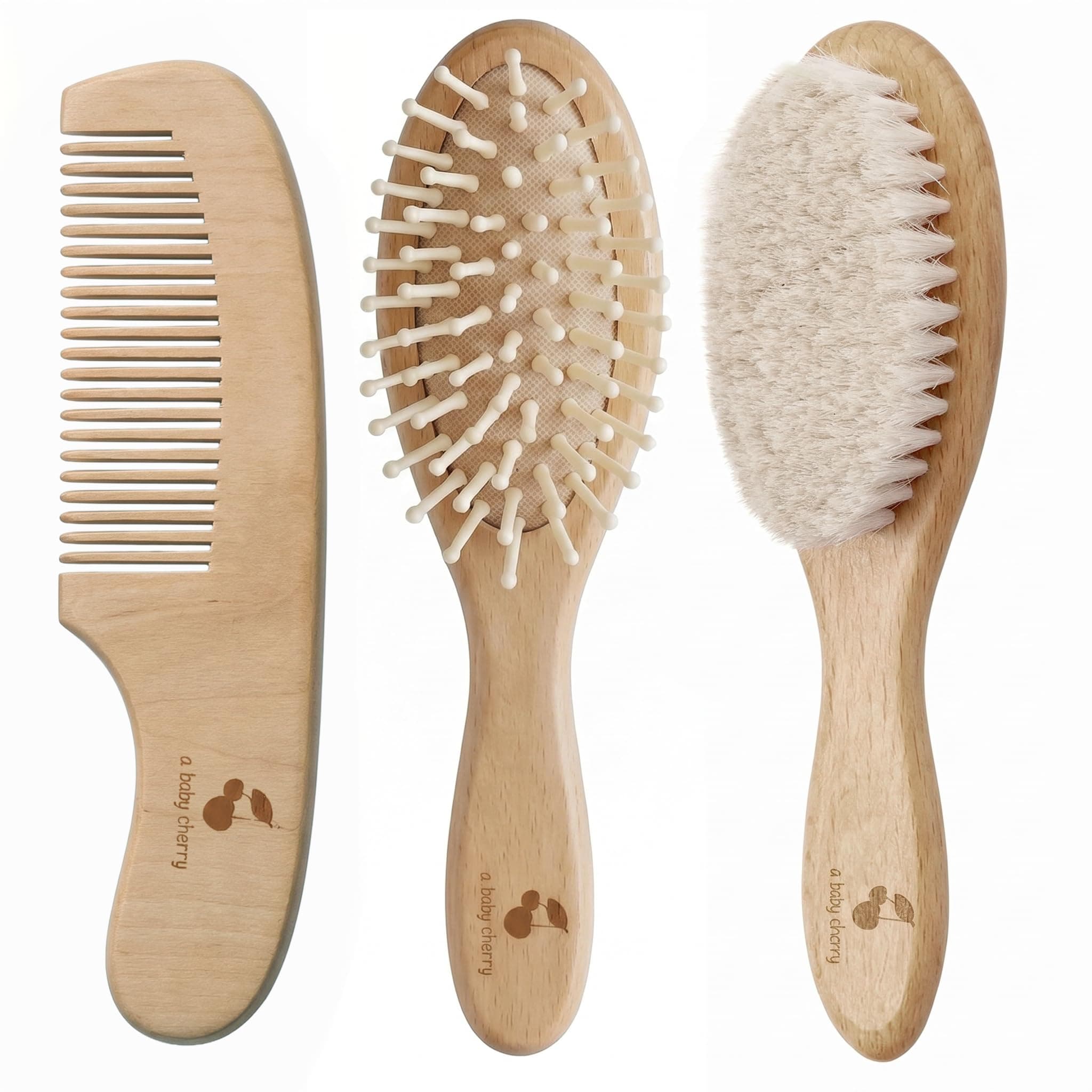 A Baby Cherry - 3 Piece Premium Baby Brush & Comb Set | Baby Hair Brush | Wooden Baby Comb Hair for New Born & Natural Fiber Hair Brush for Toddler | Natural Soft Bristles | Perfect Baby Grooming Kit