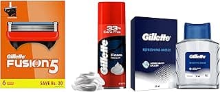 Gillette Fusion Shaving 5-Bladed Cartridges (Pack of 6) & Classic Regular Pre Shave Foam, 418g with 33% Extra Free & AFTER SHAVE SPLASH REFRESHING BREEZE 50ML, White