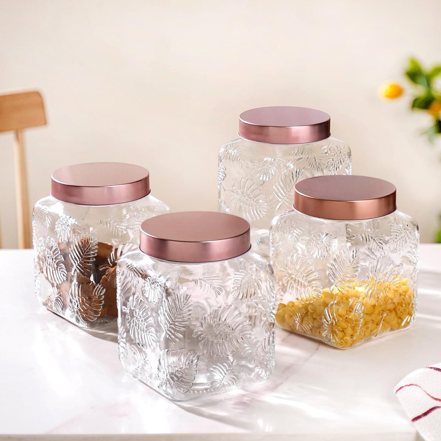 Nestasia Glass Containers for Kitchen Set of 4, Airtight Square Shaped & Leaf Textured Glass Jar 2 litre with Lid for Kitchen Pantry, Spice, Masala, Pickles, Pulses, Dry Fruits, Snacks Storage