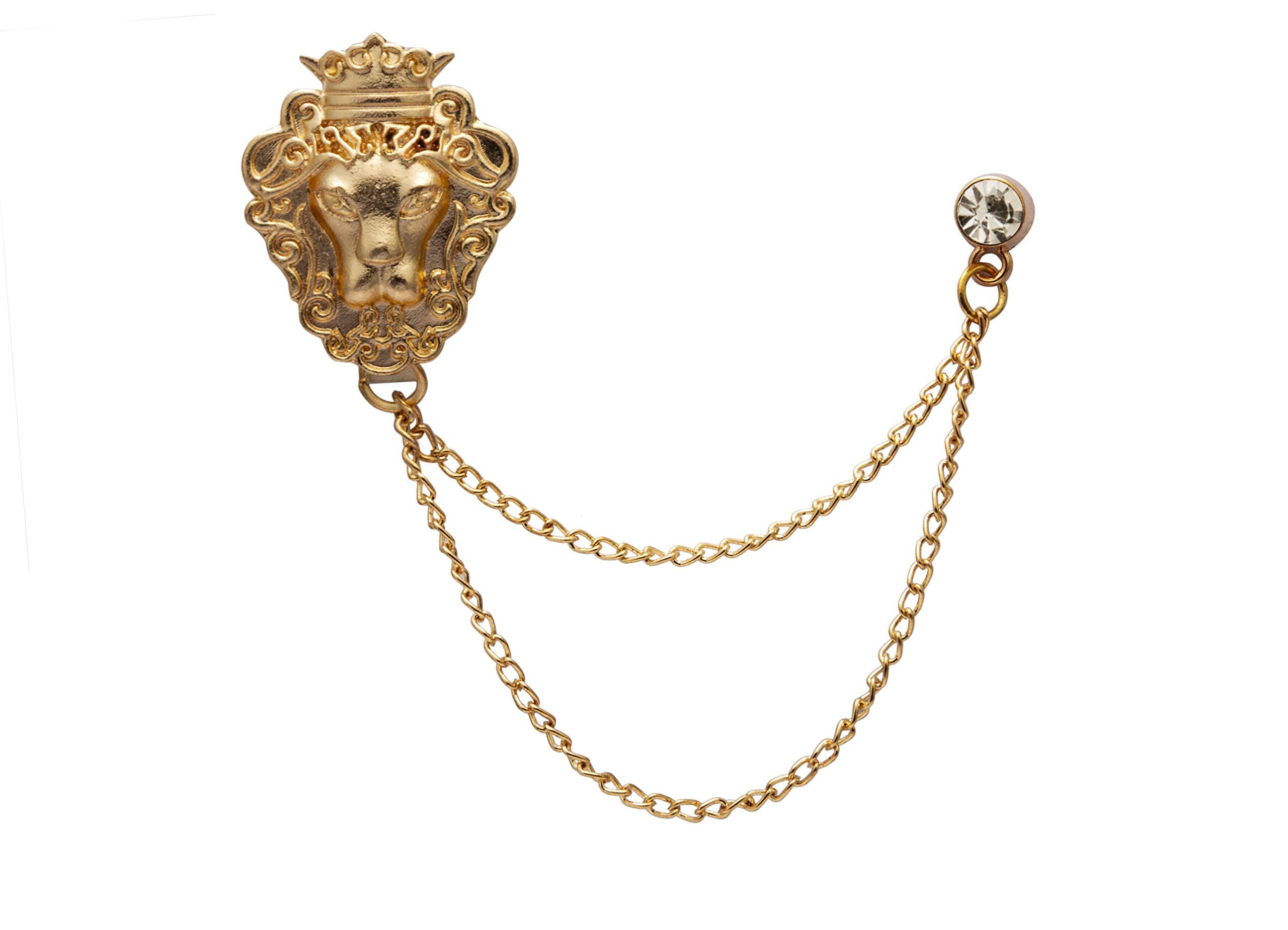 Knighthood Golden Brass Lion Design with Chain Lapel Pin Brooch for Men