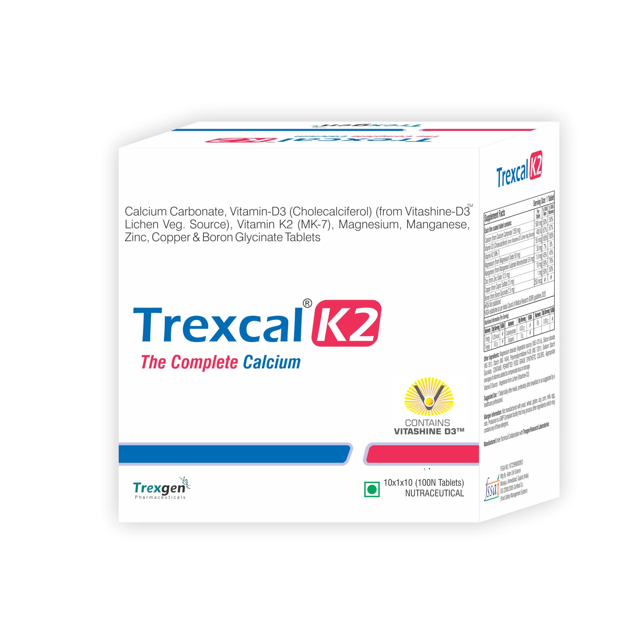 Trexgen Trexcal-K2 Complete Calcium with Elemental Calcium 500 Mg; Vitamin D3-Stabilized 400 IU, Vit K2-7 55 Mcg and Bone Matrix (10x10=100 Tablets)