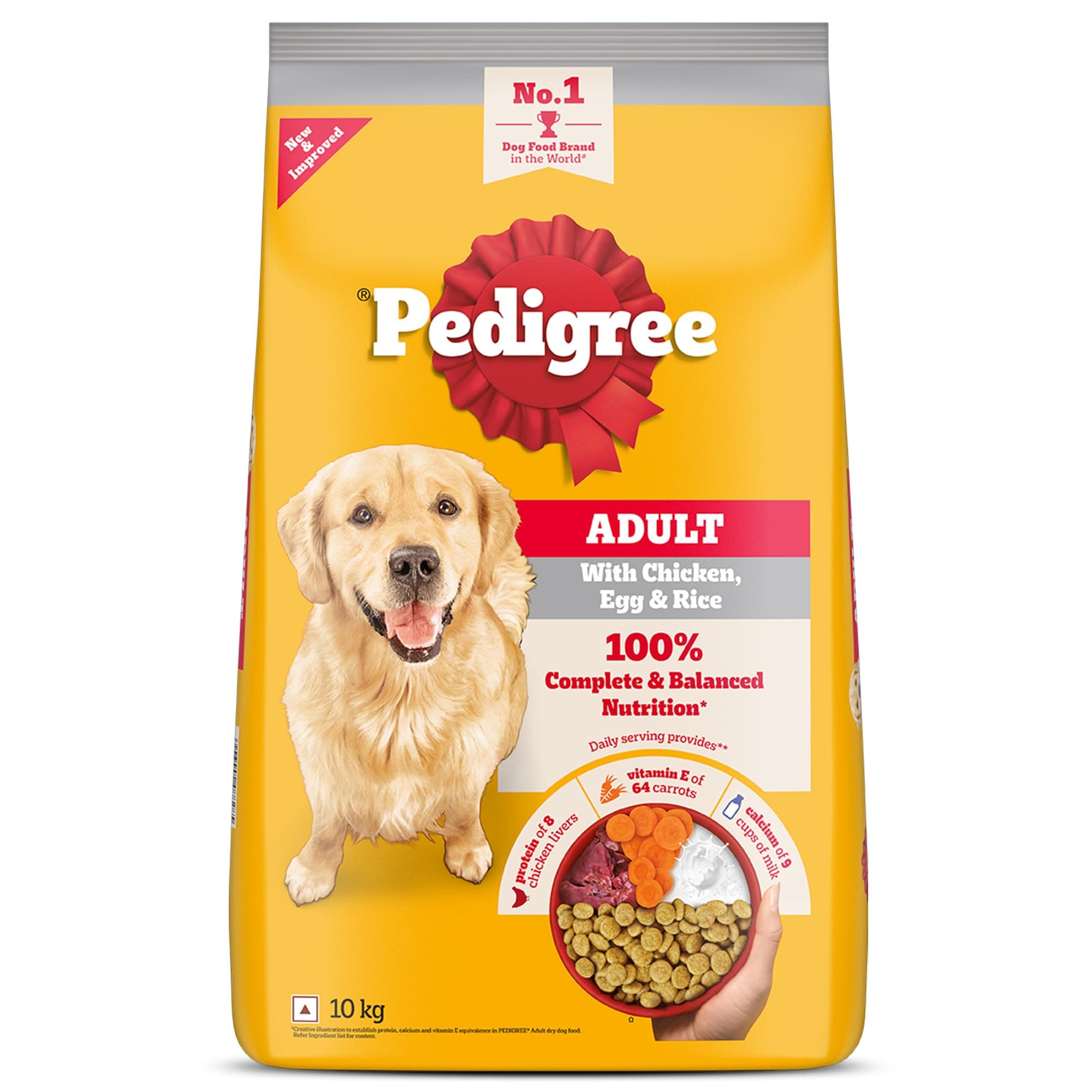 Pedigree Adult Dry Dog Food, Chicken, Egg & Rice, 10 kg, Contains 37 Essential Nutrients, 100% Complete & Balanced Food for Adult Dogs